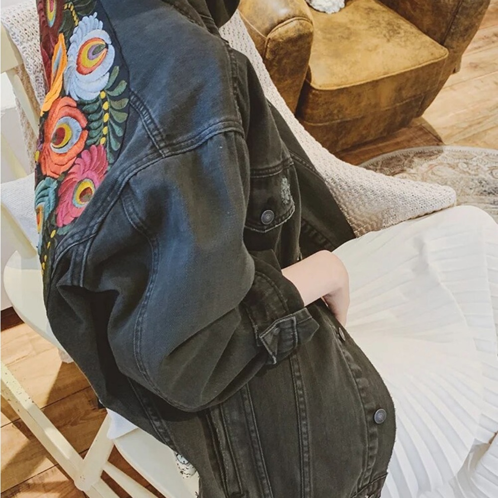 Black bohemian stitched embroidered denim jacket coat - Picture 7 of 15